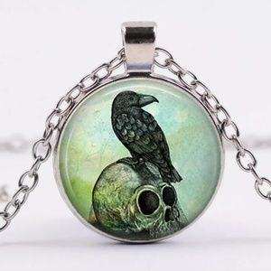 Raven On Skull Silver and Glass Necklace